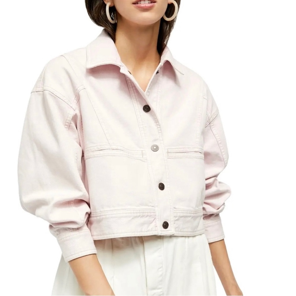Free People Star Crossed Cropped Denim Jacket Pink Sorbet